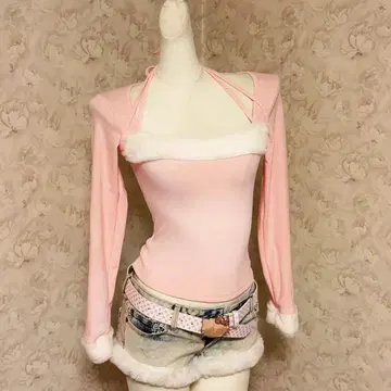 새상품 헤이세이 갸루 Y2K 핑크 플리스 트리밍 오프숄더 긴팔 상의