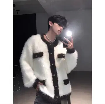 [ 미사용 새상품 ] 한국 인기 바이컬러 샤기 니트 가디건 Y2K XL