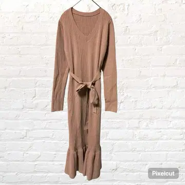 10833 릴리 브라운 V넥 리브 니트 원피스 더스티 핑크 롱