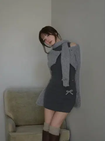 andmary zoff muffler knit set up gray