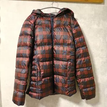 다운 90% 체크 무늬 다운 자켓 후드 부착 레드 네이비