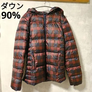 다운 90% 체크 무늬 다운 자켓 후드 부착 레드 네이비