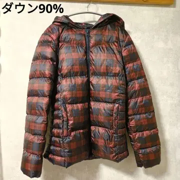 다운 90% 체크 무늬 다운 자켓 후드 부착 레드 네이비