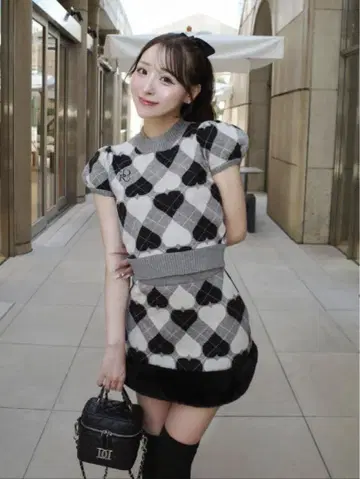 아가일 하트 체크 니트 셋업 FL