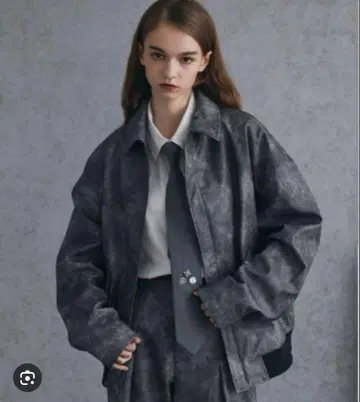 Spielio 빈티지 스타일 인조 가죽 블루종 그레이 M 새상품