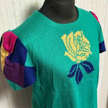 레트로 반팔 니트 그린 장미 퍼프 슬리브