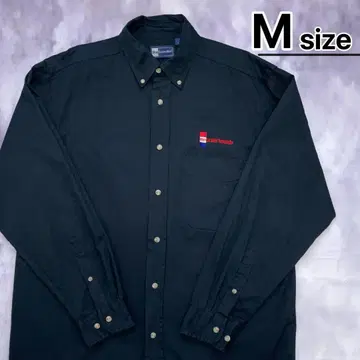 USA 구제 의류 코튼 워크 셔츠 M 블랙 원 포인트 기업 자수 긴팔