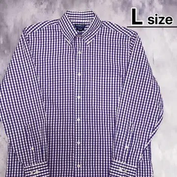 USA 구제 의류 버튼 다운 셔츠 L 긴팔 깅엄 체크 퍼플 화이트
