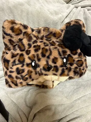 키티 고양이 귀 레오파드 무늬 모자 블랙 리본 포함