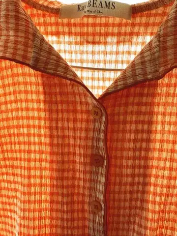 Ray BEAMS 반팔 체크 셔츠 오렌지 계열