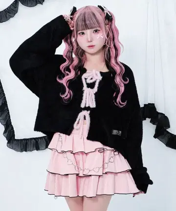 Magia Charm 배색 리본 가디건 (블랙)