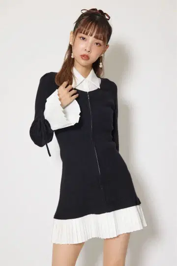 레이어드 패턴 셔츠 니트 미니 원피스 rienda BK 프리 사이즈