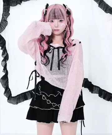 Magia Charm 사다리 리본 시스루 니트 (핑크)