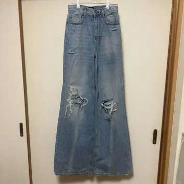 스케이터 배기 라이트 블루 데미지 와이드 레그 데님