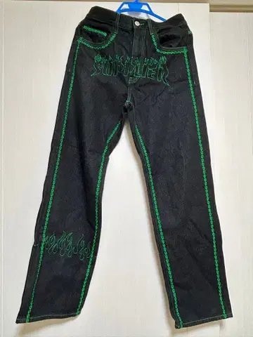 supplier 그린 자수 스트레이트 데님 팬츠