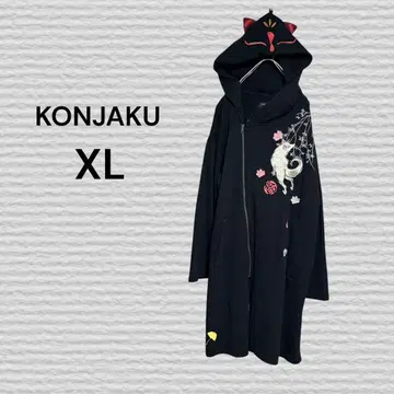 [ KONJAKU 콘자쿠 ] 롱 ZIP 후드티 블랙 여우 자수 XL