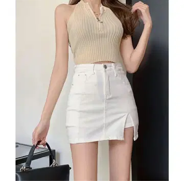 사이드 슬릿 데님 미니 스커트 인팬츠 포함 화이트 허리 56cm