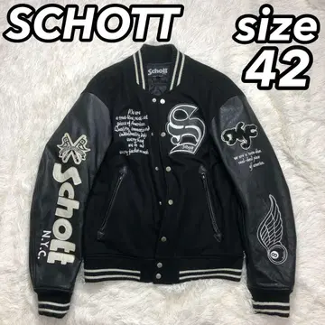 schott 바시티 자켓 풀 데코 와펜 절개 가죽 블랙 사이즈 42