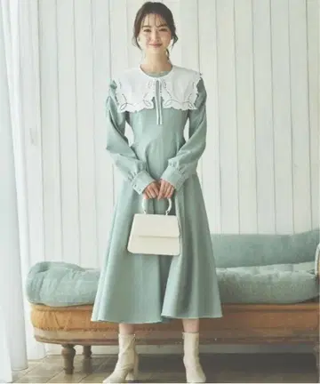 WILLSELECTION 카라 부착 배색 롱 원피스 그린