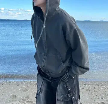 더블 지퍼 후드티 차콜