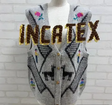 새상품급 INCATEX 알파카 자수 니트 베스트 그레이 알파카