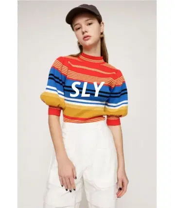 슬라이 멀티 보더 하프 슬리브 하이 게이지 니트탑 레드 F