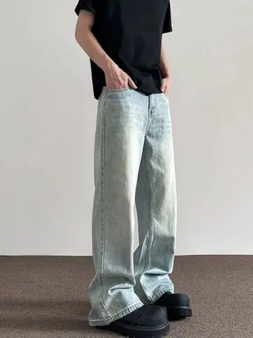 라이트 블루 데님 와이드 레그 팬츠