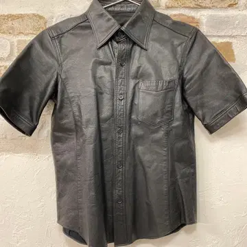 천연 가죽 택 없음 블랙 레더 숏 슬리브 셔츠