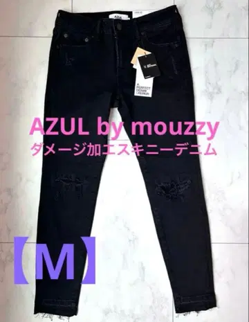 AZUL by MOUSSY 컷팅 데미지 스키니 데님 블랙 [ M ]