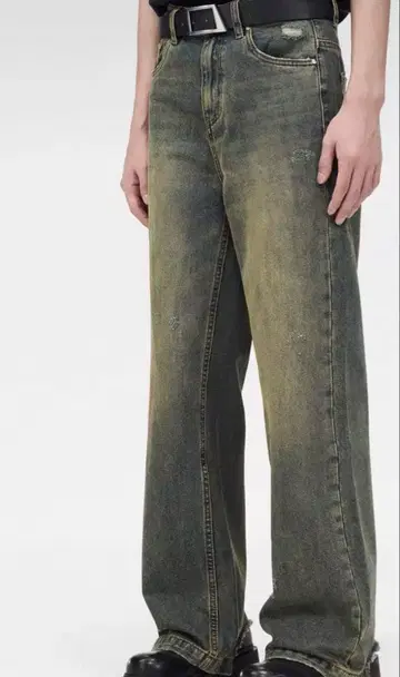 올리브 그린 와이드 레그 데님