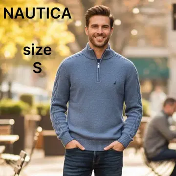 노티카 니트 스웨터 하프 지퍼 하이넥 로고 자수