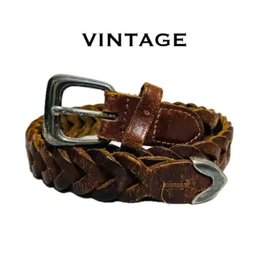 빈티지 가죽 벨트 메쉬 뜨개질 브라운 가죽 실버