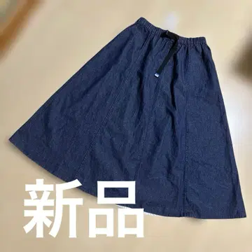 ANTIBAL 코튼 100% 다크 블루 데님 플레어 스커트 허리밴딩