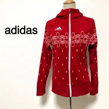 adidas 레드 컬러 로고 자수 집업 플리스 후드티