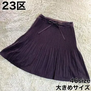 빅 사이즈 23구 플리츠 플레어 스커트 브라운 벨트 리본 46