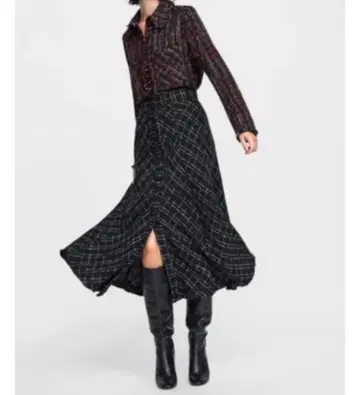 ZARA WOMAN 체크 무늬 트위드 롱 스커트 프린지 L 사이즈
