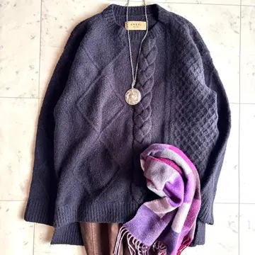 세탁 가능 아메리빈티지 아란 무늬 크루넥 니트 스웨터 F 네이비
