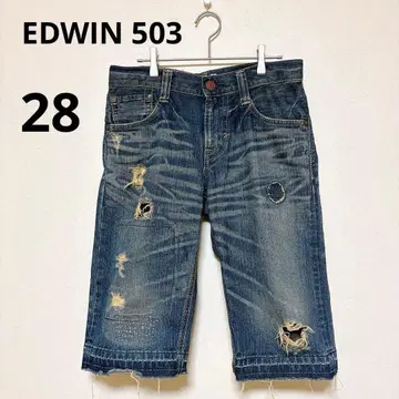 EDWIN 503 데미지 데님 팬츠 28 하프 팬츠 크러쉬 구제 의류 S