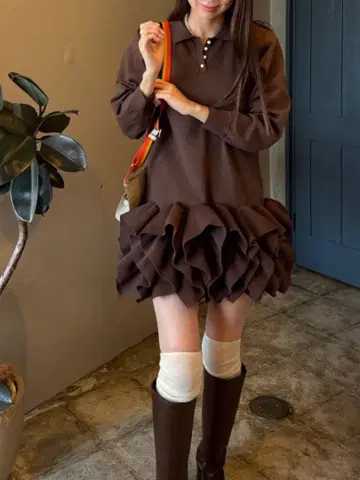 HIAND 폴로 드레스 프릴 미니 원피스 브라운 미사용 새상품