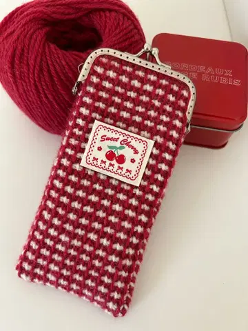 핸드메이드 니트 아프간 편직 펜 케이스 파우치 체리 가마구치