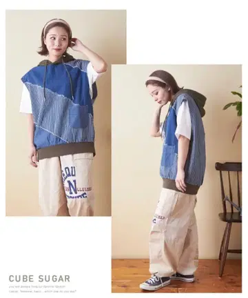 데님 패치워크 후드 베스트