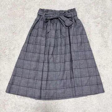 GLACIER 미디 스커트 ( L ) 그레이 체크 리본 허리밴딩 고급