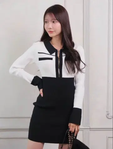 립서비스 프론트 ZIP 바이카라 니트 원피스