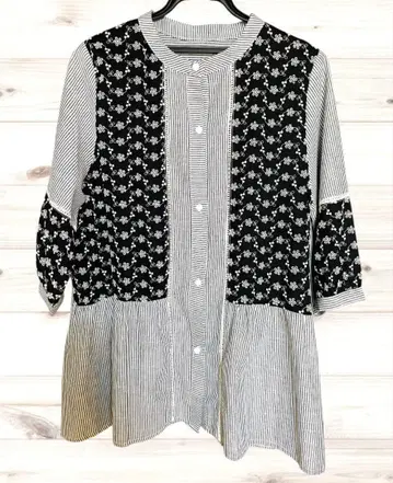 여성용 상의 셔츠 꽃무늬 스트라이프 루즈핏 7부 소매~긴팔에 가까운