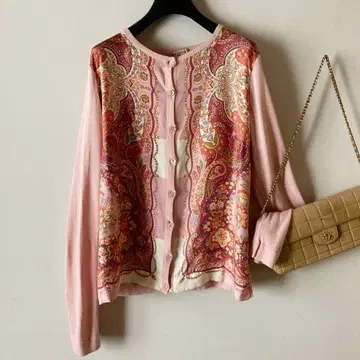 에트로 고급 스카프 패턴 실크 새틴 크루넥 루즈핏 니트 가디건