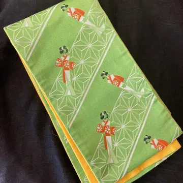 하카타 인형 아사노하 패턴 리버서블 선명한 녹색 반폭 오비