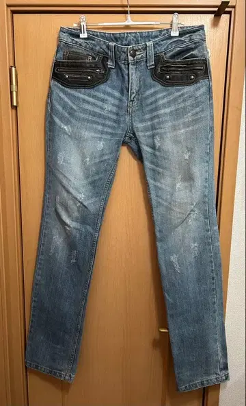 트릭시 데님 팬츠 색빠짐 데미지 면 100 소가죽 Y2K