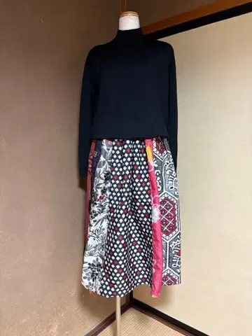 기모노 리메이크: 순수 실크 메이센 턱 개더 스커트