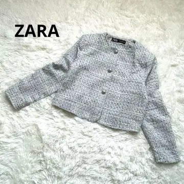 ZARA 트위드 노카라 자켓 블루 계열 라메사 은색 버튼 구제 의류