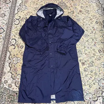 후드 부착 네이비 롱 레인 코트 파우치 포함